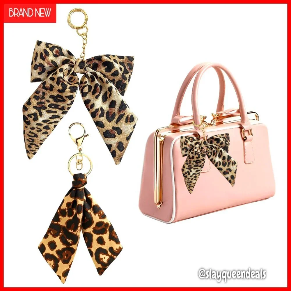 Leopard Print Bag Charms Keychains Set of 2 with Bow Accessory